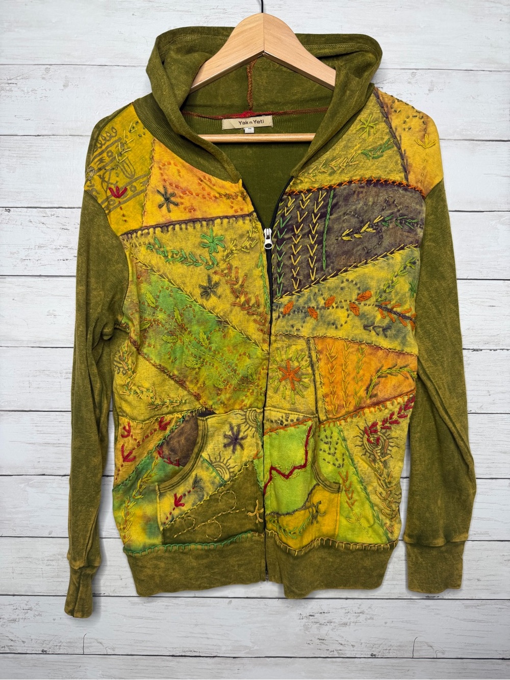 Yak n Yeti Patchwork Embroidered Hoodie Medium Boho Hippie Festival Nepal